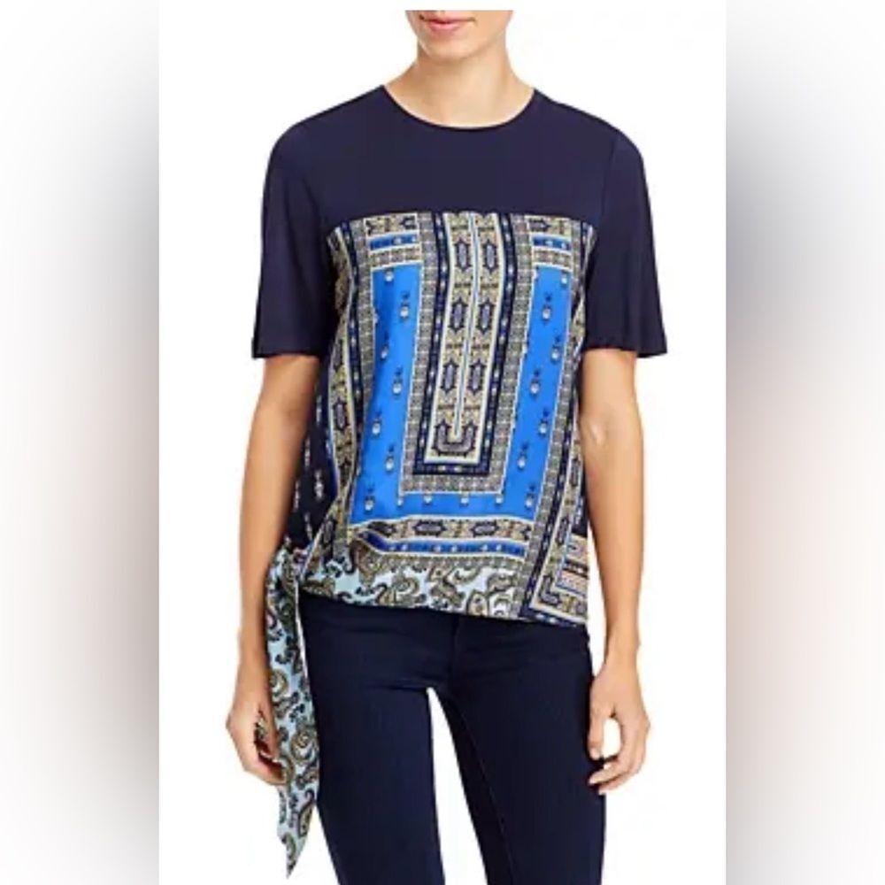 Kobi Halperin Navy Blue Short-Sleeve Top with Blue & Cream Scarf Print